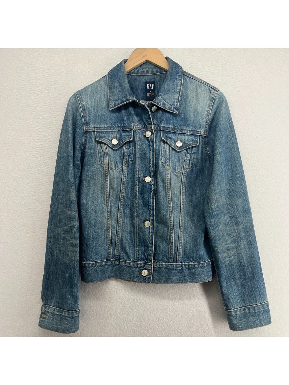 GAP Jacket Womens M Denim Trucker Jean Moto Button Front Cotton Washed Blue